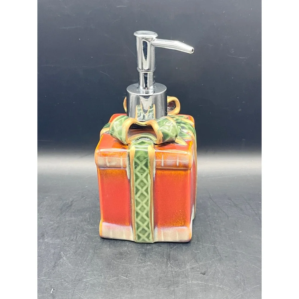 Ceramic Christmas Gift Soap Dispenser Bow Kitchen Bathroom Decor Metal Pump 6.5